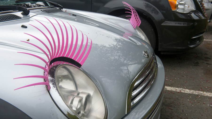 A set of pink car lashes on round headlights.