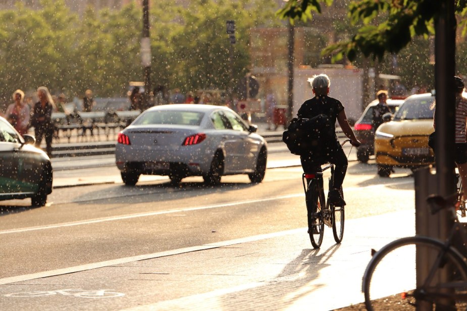 Cyclist riding in a bike lane, highlighting whether bicycles or cars cause more accidents