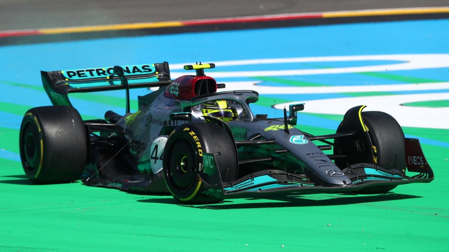 Lewis Hamilton's #44 Mercedes AMG Formula 1 race car is especially prone to aerodynamic bumps called porpoises.
