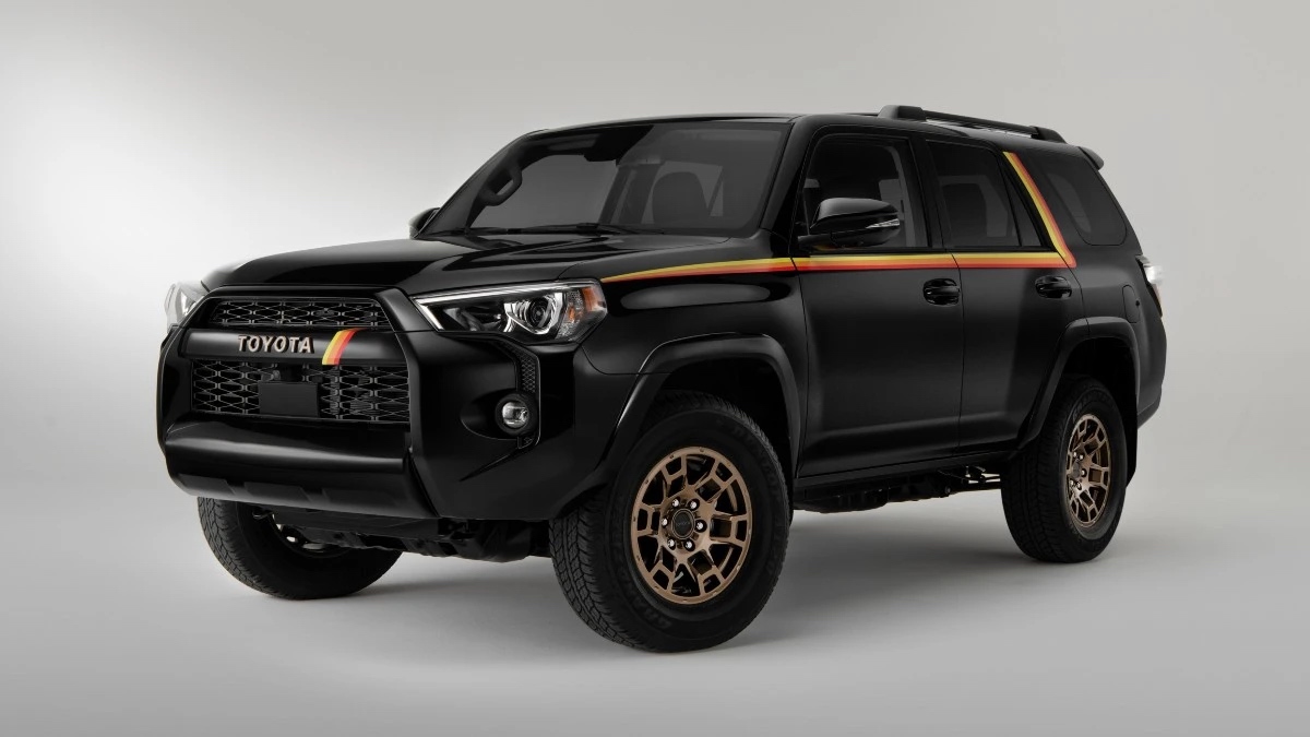 Front angle view of 2023 Toyota 4Runner 40th Anniversary SUV with Midnight Black Metallic exterior paint color option