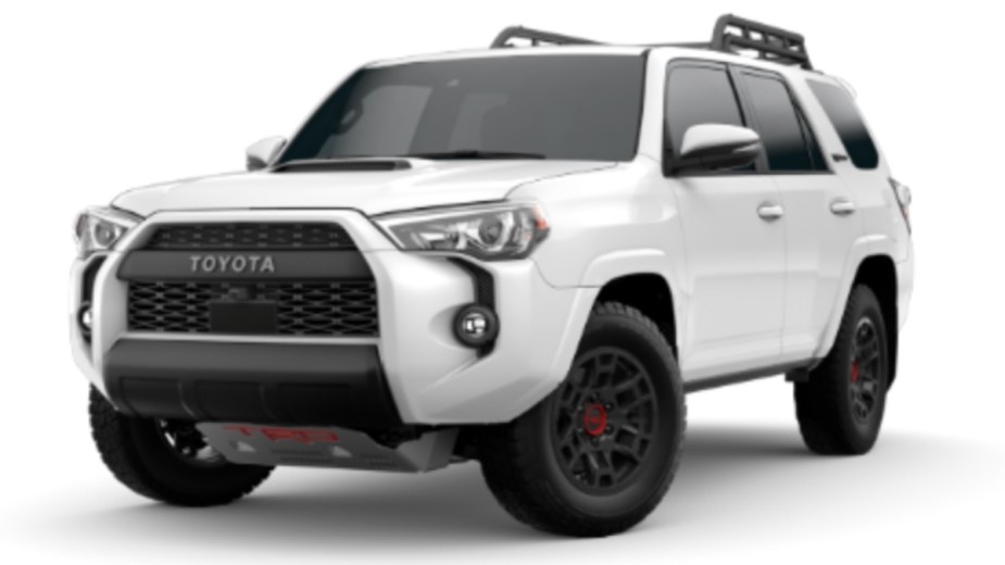 Front angle view of 2023 Toyota 4Runner midsize SUV with Ice Cap exterior paint color option