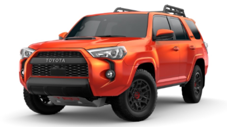 Front angle view of 2023 Toyota 4Runner midsize SUV with Solar Octane exterior paint color option