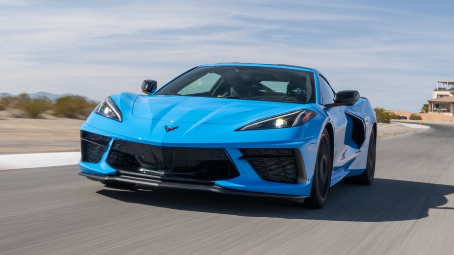 Front angle view of blue 2023 Chevy Corvette Stingray, highlighting more afforable sports car alternatives for under $40,000