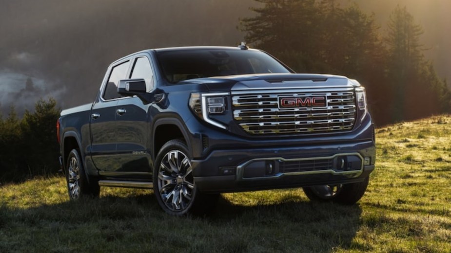 Front angle view of blue 2023 GMC Sierra 1500
