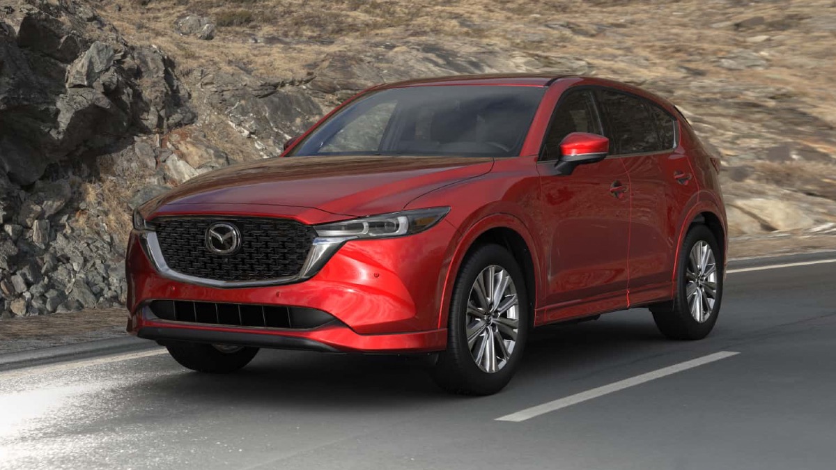 Front angled view of all-new 2023 Mazda CX-5 crossover SUV with Soul Red Crystal Metallic exterior paint color option