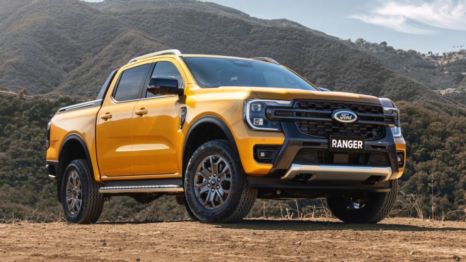Front angle view of orange 2024 Ford Ranger pickup truck