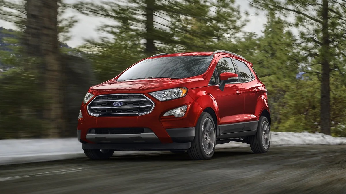 Front angle view of red 2022 Ford EcoSport, cheapest new all-wheel drive SUV that costs under $25,000