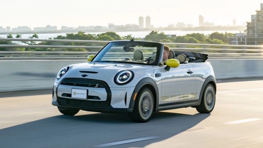 Front angle view of white Electric MINI Cooper SE Convertible, highlighting why electric convertibles aren't available