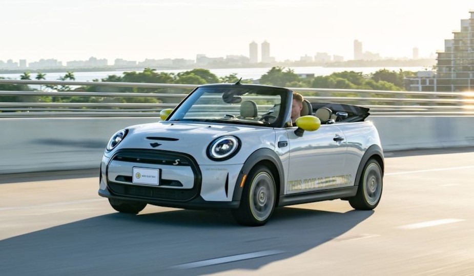 Front angle view of white Electric MINI Cooper SE Convertible
