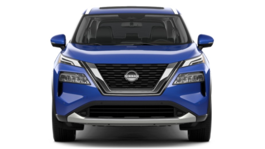 Front view of 2023 Nissan Rogue crossover SUV with Caspian Blue Metallic exterior paint color option