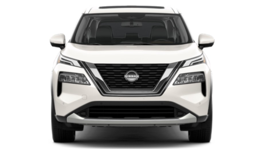 Front view of 2023 Nissan Rogue crossover SUV with Pearl White TriCoat exterior paint color option