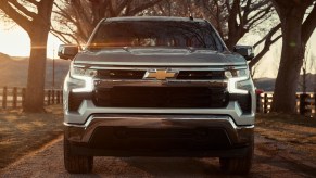 Front view of silver 2023 Chevy Silverado 1500, full-size pickup truck alternative to Ford F-150 costing under $37,000