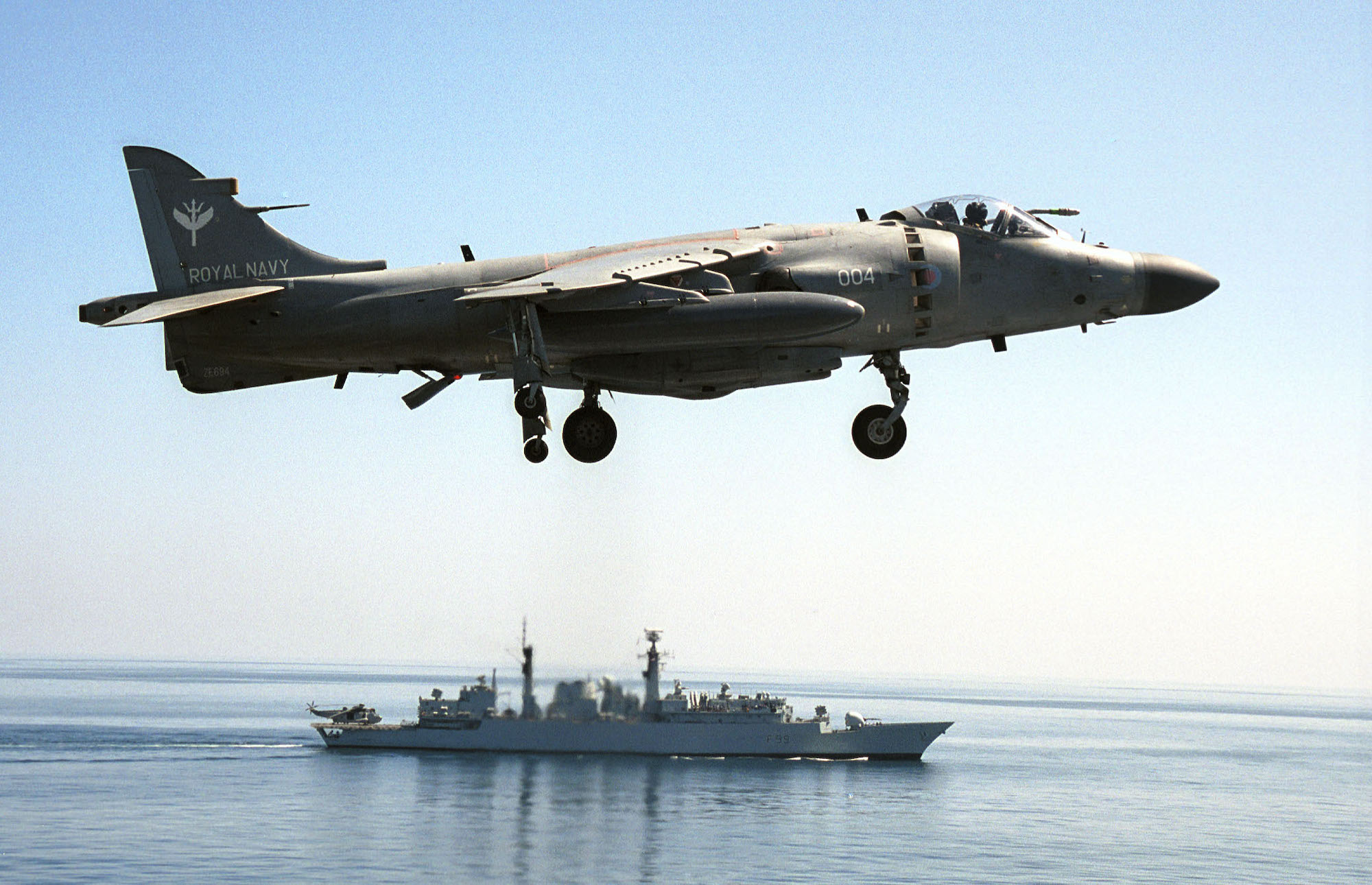 A British Royal Navy Harrier jump-jet, taking off