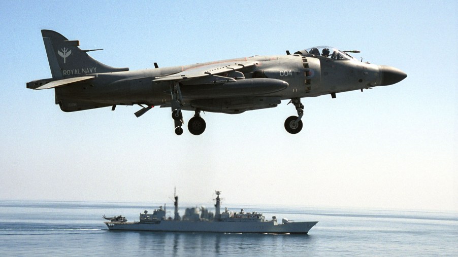 A British Royal Navy Harrier jump-jet, taking off