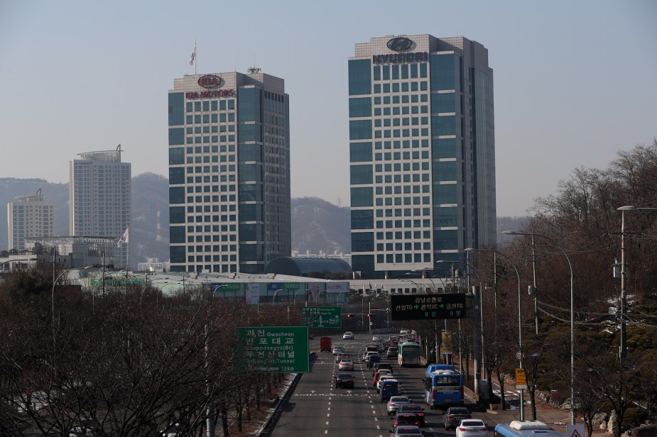 Seoul South Korea's skyline with the twin headquarters of Hyundai and Kia Motors prominent.