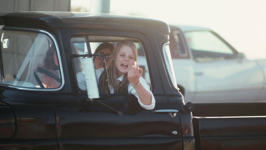 Jodie Foster acting out road rage on the set of 'Foxes' in Los Angeles, California