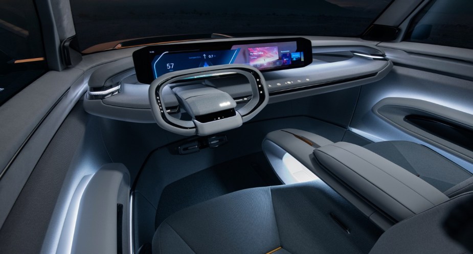 The interior of a 2024 Kia EV9 fully-electric full-size SUV. 