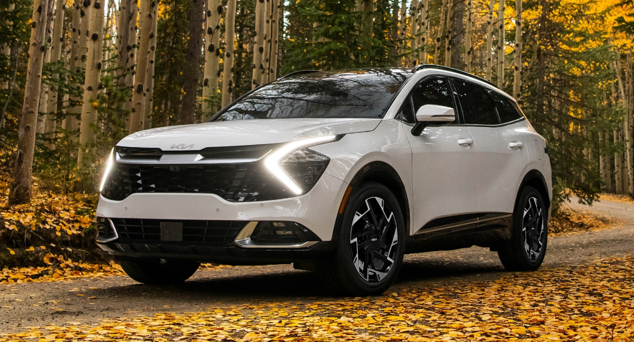A white 2023 Kia Sportage small crossover is driving surrounded by leaves.
