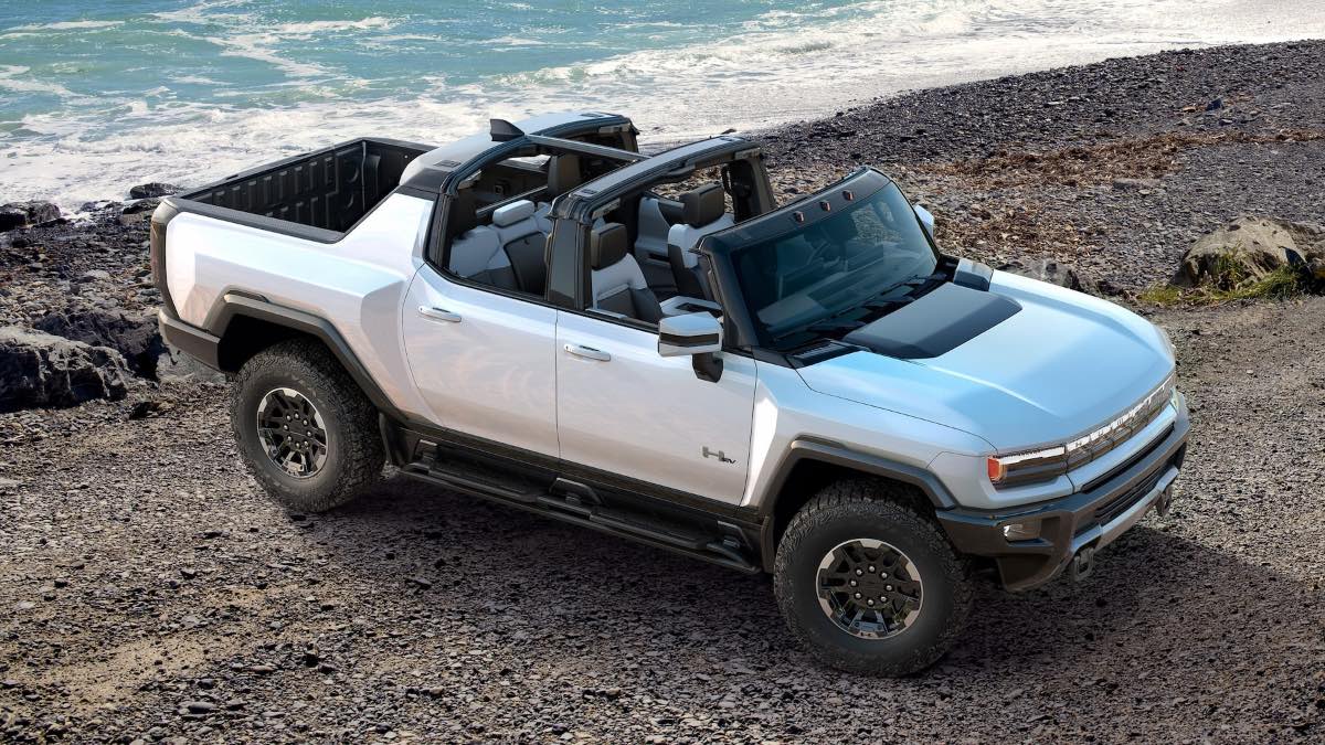 Overhead view of white GMC Hummer EV Pickup, highlighting why electric convertibles aren't available