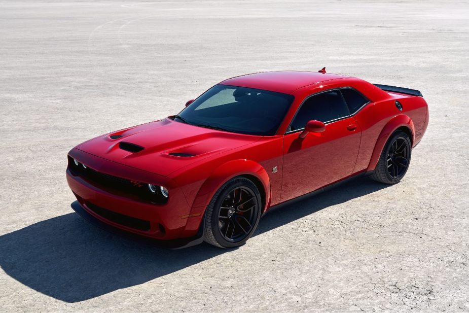 Overhead view of red 2022 Dodge Challenger R/T, more affordable alternative to Chevy Corvette costing under $40,000