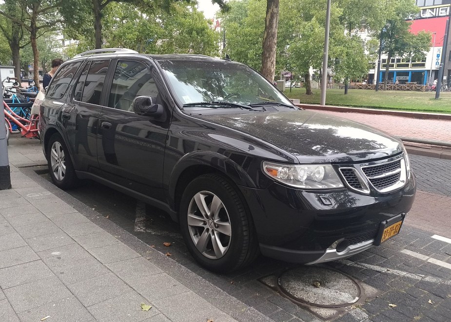 A Saab 9-7X sits on the street, its engine is borrowed from a Corvette.