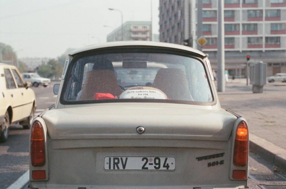 An old license plate on the back of a Trabant in East Germany.