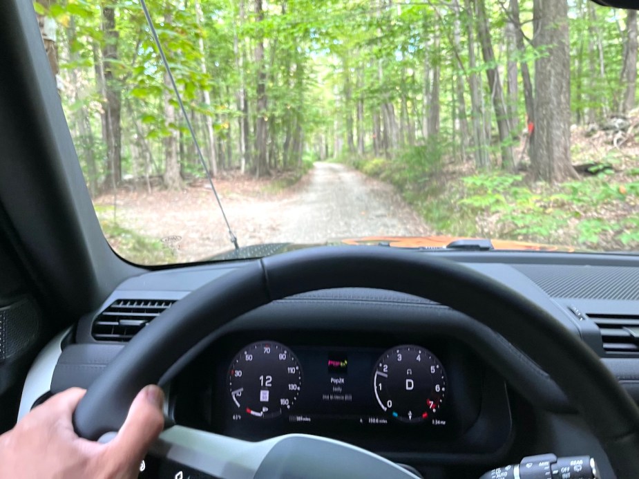 A point-of-view shot of driving the Defender 110.