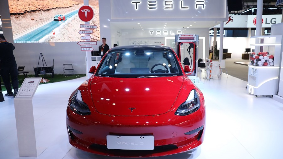 A Tesla Model 3 in a showroom