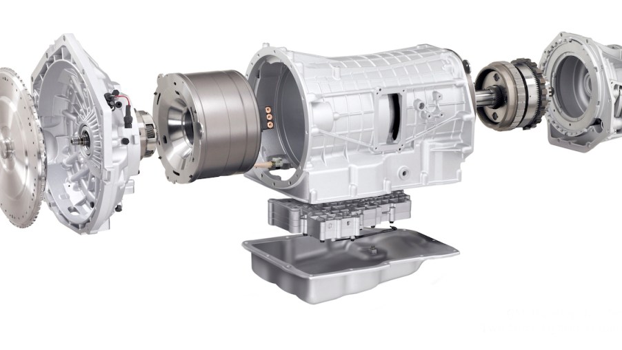 Blown-up view of a hybrid eCVT automatic transmission with two electric motor/generators engineered to pair with an internal combustion V8 or V6.