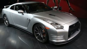 A Nissan GTR in silver at the Canadian Auto Show.
