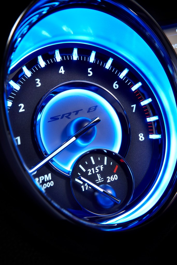 The 300 SRT's bright blue gauges are a sight. 