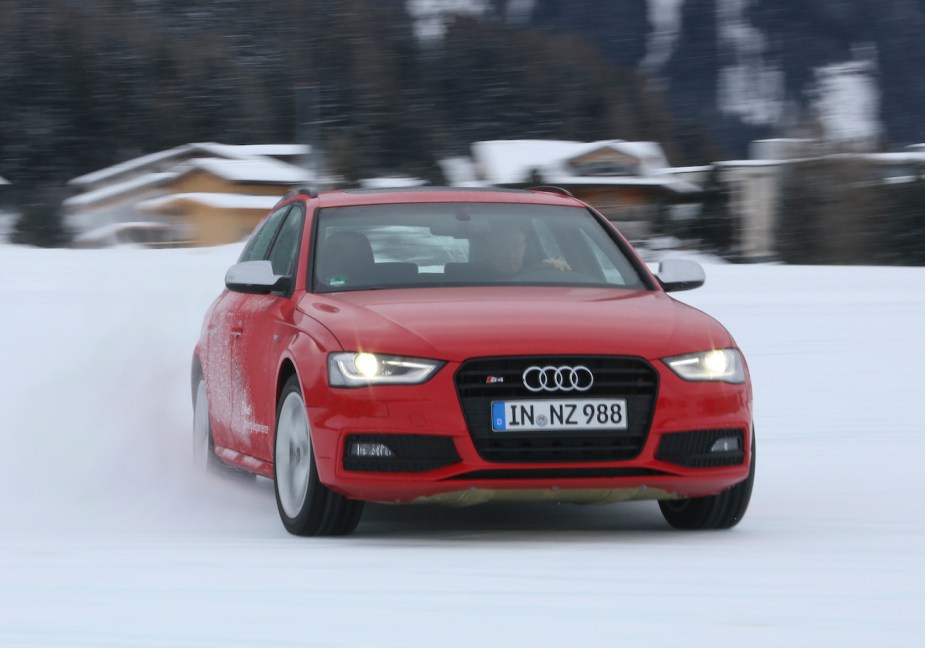 2016 Audi S4 in red sliding on ice