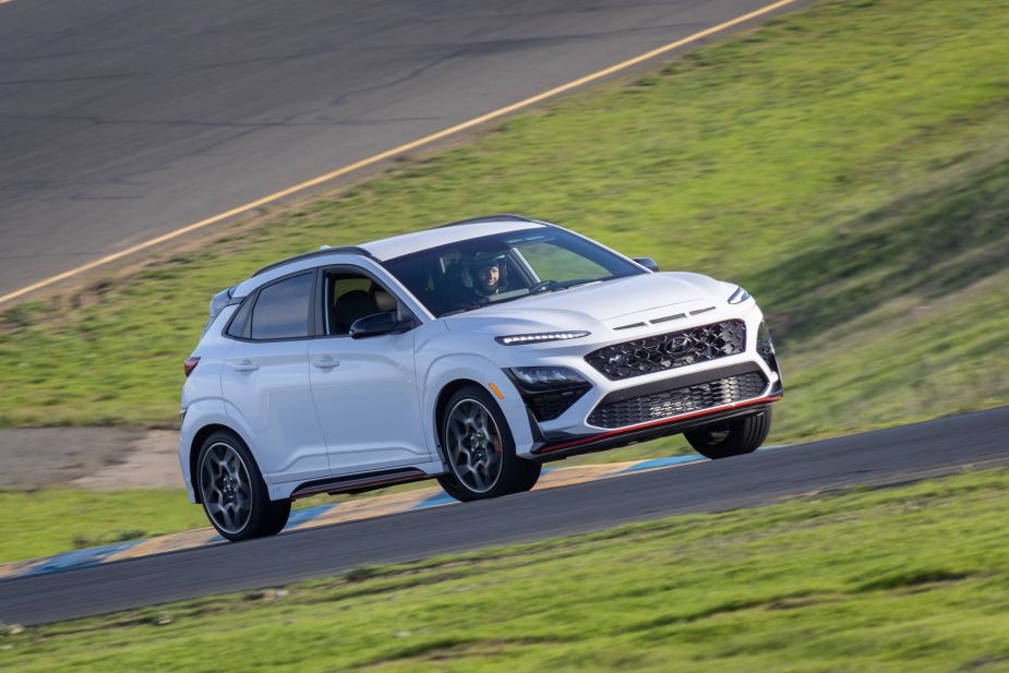A white 2022 Hyundai Kona N, it is one of the most fuel efficient non-hybrid SUV of 2022 with great fuel economy.