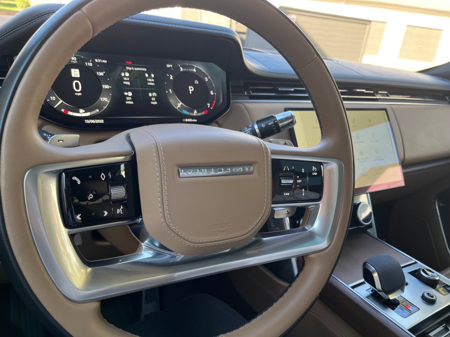 A view of the steering wheel in the 2022 Range Rover SE
