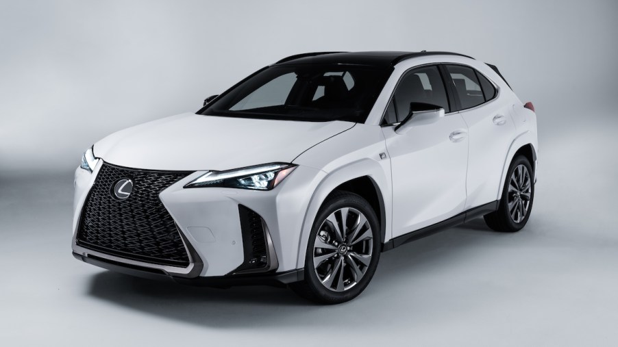 A white 2023 Lexus UXh in a white room, a great 2023 Lexus SUV.