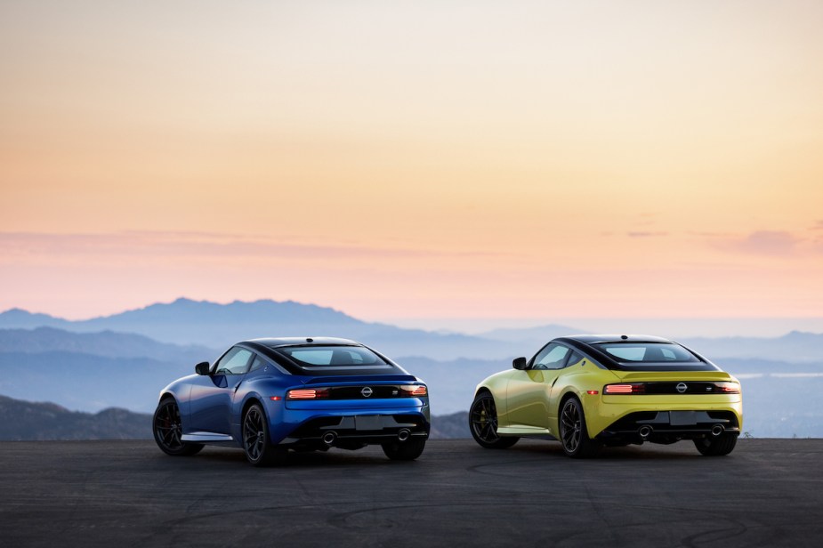 Two 2023 Nissan Z in yellow and blue. 