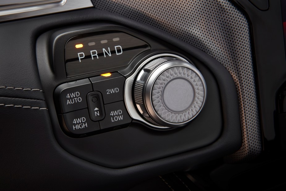 The jeweled shifting knob of the Ram 1500 Limited Elite Edition luxury pickup truck.
