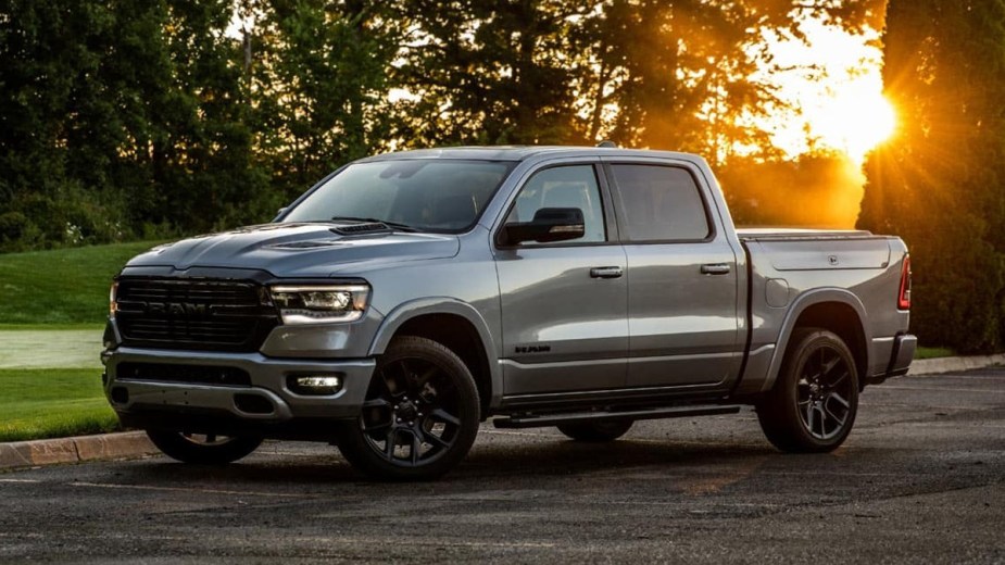 Gray 2023 Ram 1500 with a Sunset Background
