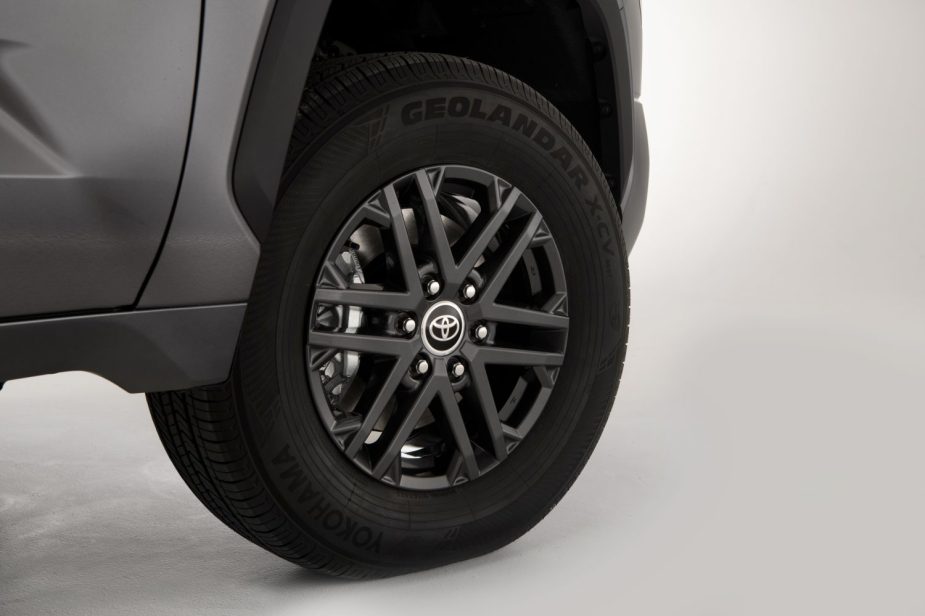 Closeup photo of the 17-inch dark gray metallic rims of the 2023 Toyota Tundra SR5 full-size pickup truck with the SX package.