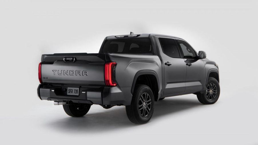 Promo photo of the 2023 Toyota Tundra SR5 pickup truck outfitted with the blacked-out SX trim package.