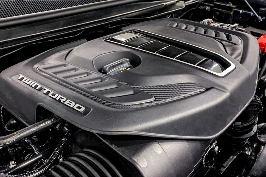Closeup of Stellantis' 3.0-liter Hurricane I6 V8-replacement engine in Jeep's Grand Wagoneer SUV.