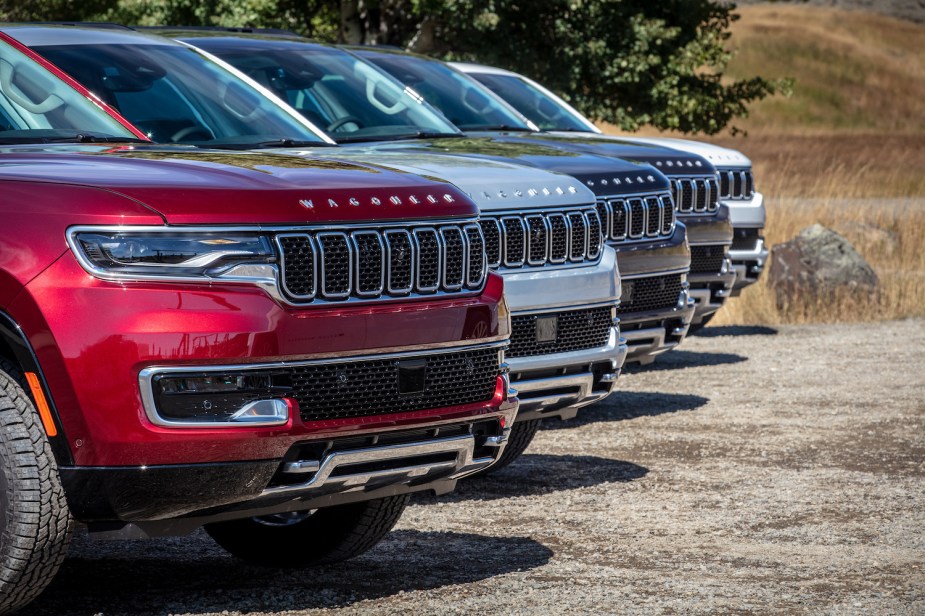 Promo photo of the grilles of five different Wagoneer SUVs by Jeep. 