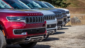 Closeup of grilles in the lineup of new 2023 entry-level Jeep Wagoneer SUVs.