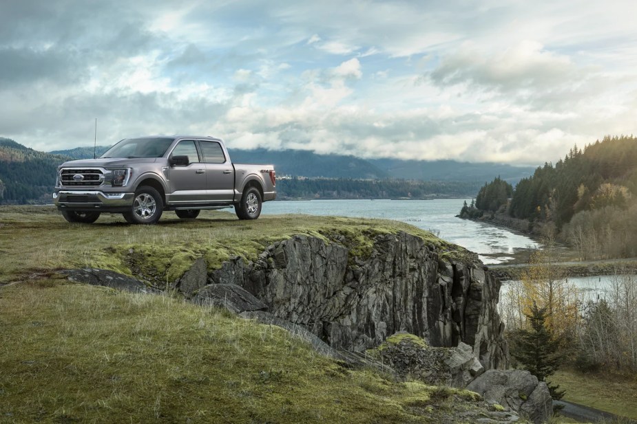 A 2023 Ford F-150 XLT sits on a cliff as a full-size truck.