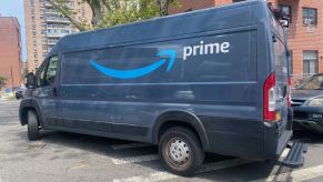 An Amazon Prime commercial vehicle business delivery van in Queens, New York