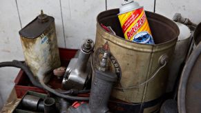 AutoZone engine degreaser in a rusted can in a garage in Tiskilwa, Illinois