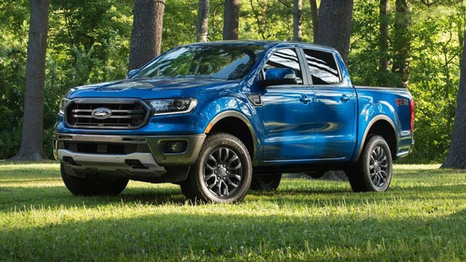 A blue 2022 Ford Ranger posed outdoors