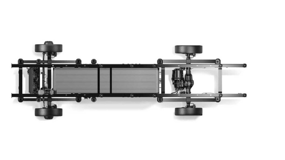 Overhead view of the chassis of Bollinger's class 3 heavy-duty electric truck.