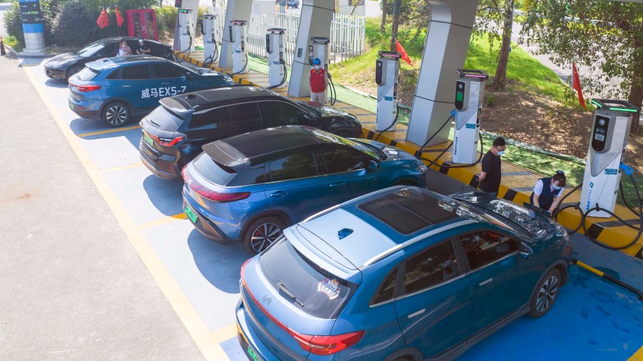 A group of EVs charging, potentially due to how the heat affect electric vehicles.