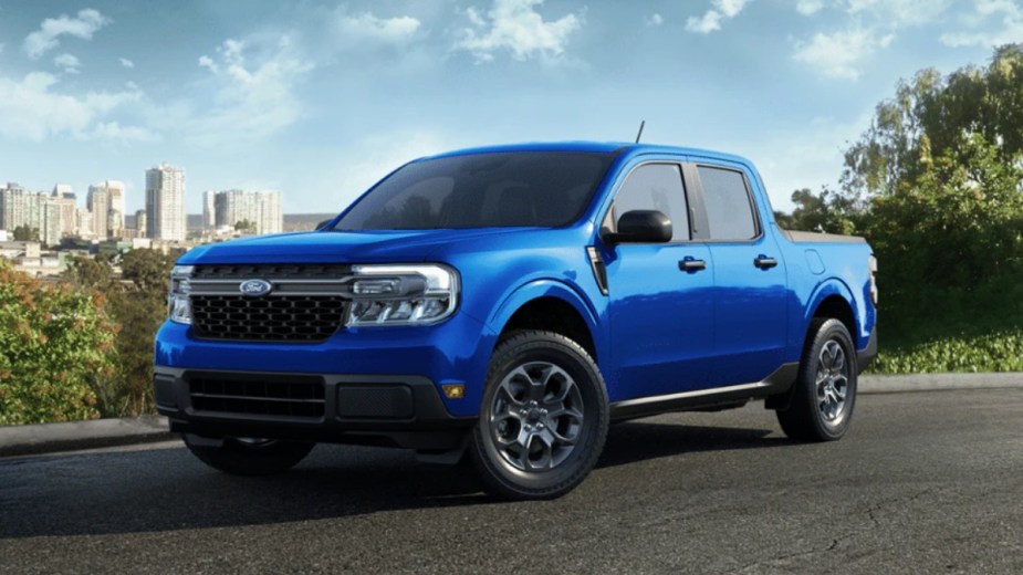 Front angle view of 2023 Ford Maverick pickup truck with Atlas Blue Metallic exterior paint color